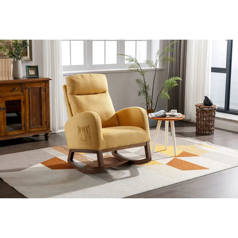 Fauteuil à bascule planeur avec pieds en bois, poche latérale et dossier haut