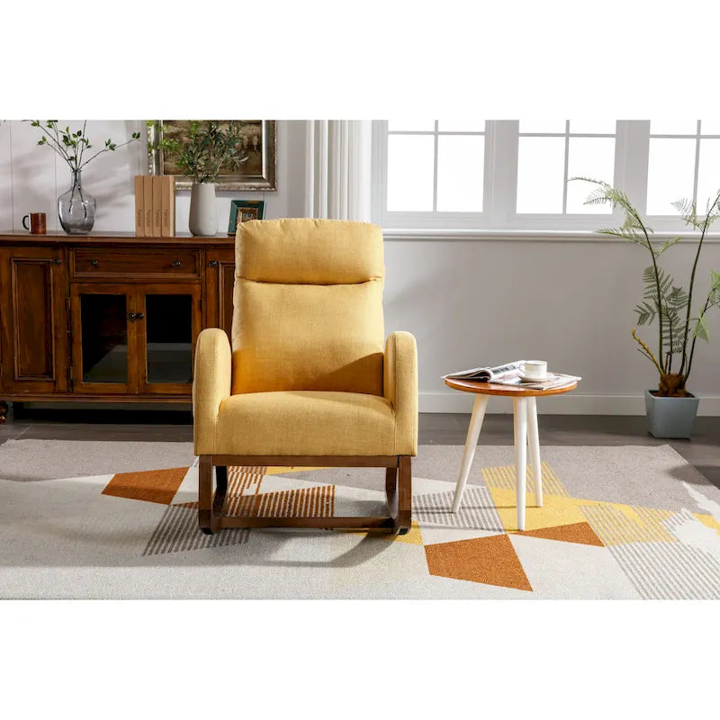 Fauteuil à bascule planeur avec pieds en bois, poche latérale et dossier haut