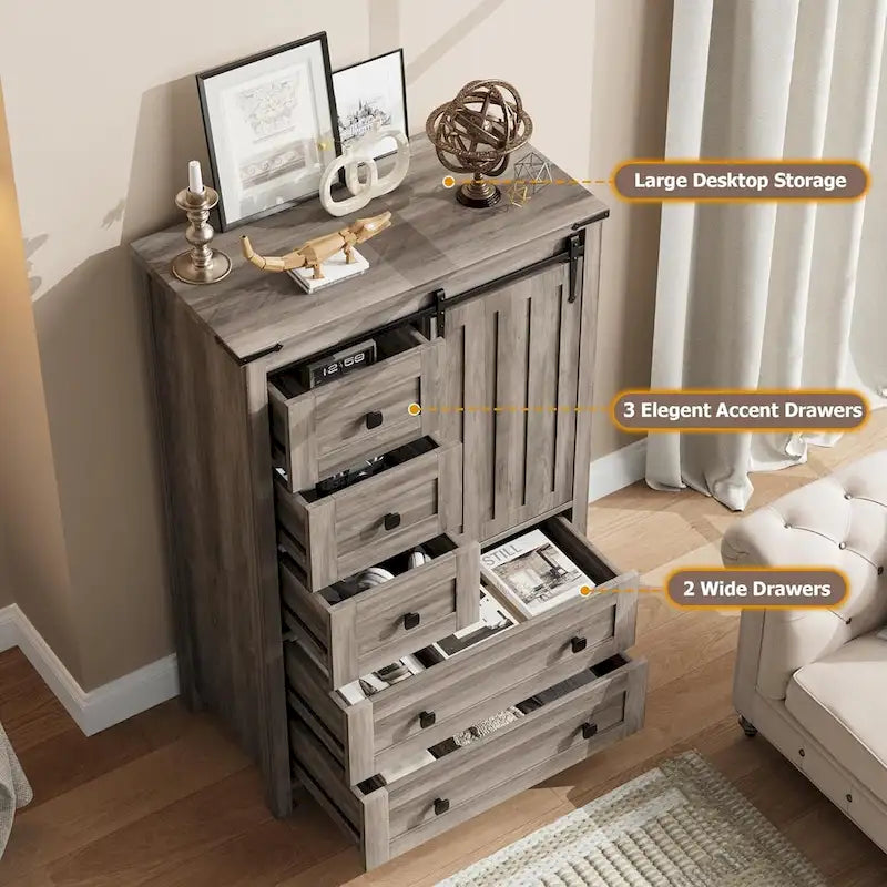 Commode à 5 tiroirs avec porte coulissante style grange