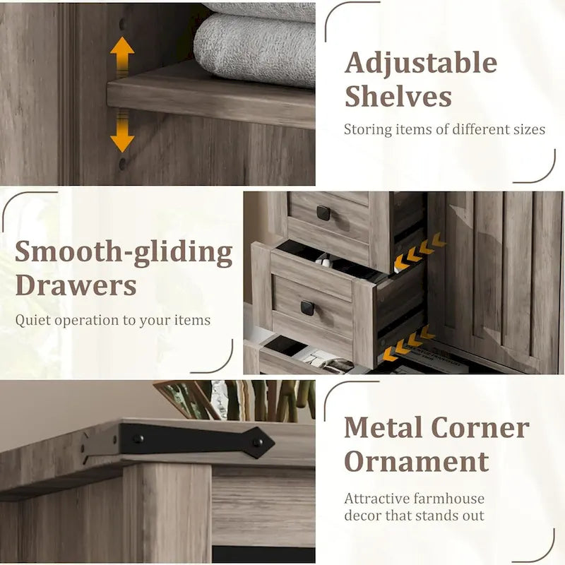 Commode à 5 tiroirs avec porte coulissante style grange