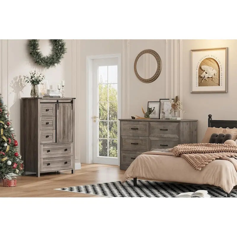 Commode à 5 tiroirs avec porte coulissante style grange