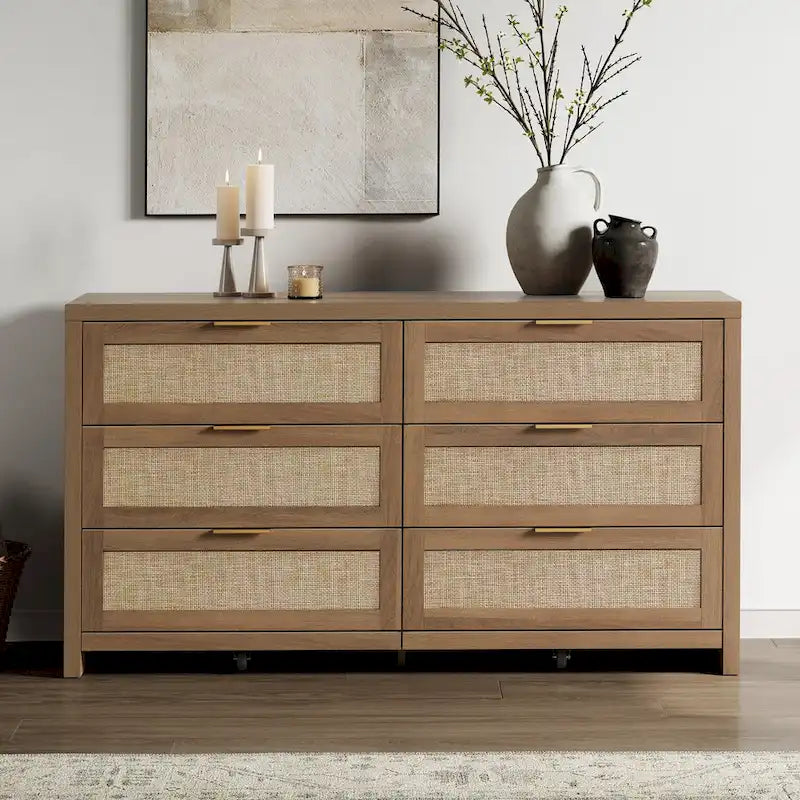 Set of 2 Elegant Right Angled Dresser with 6 Rattan Woven Drawers