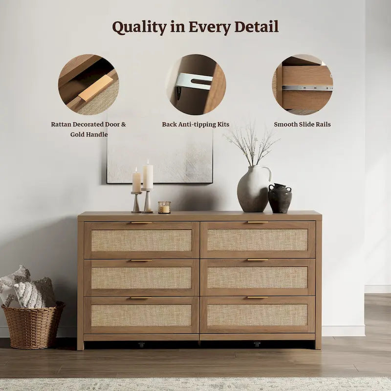 Commode d'angle élégante avec 6 tiroirs en rotin tressé