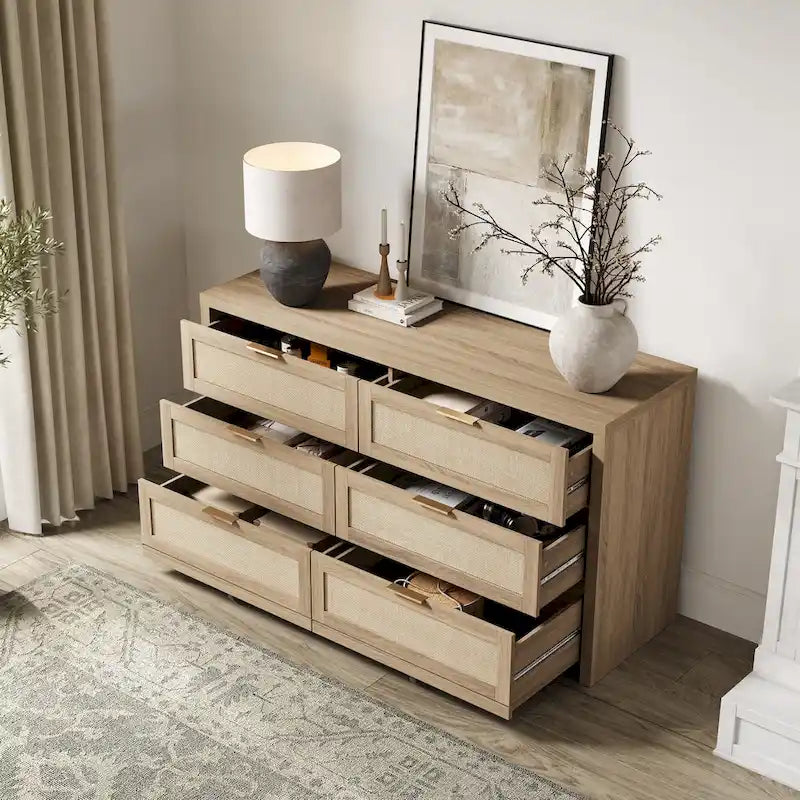 Commode d'angle élégante avec 6 tiroirs en rotin tressé