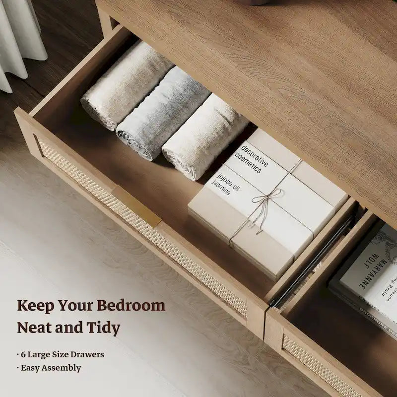 Commode d'angle élégante avec 6 tiroirs en rotin tressé