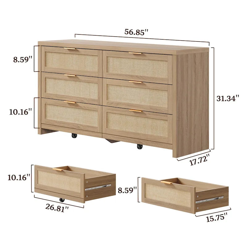 Commode d'angle élégante avec 6 tiroirs en rotin tressé