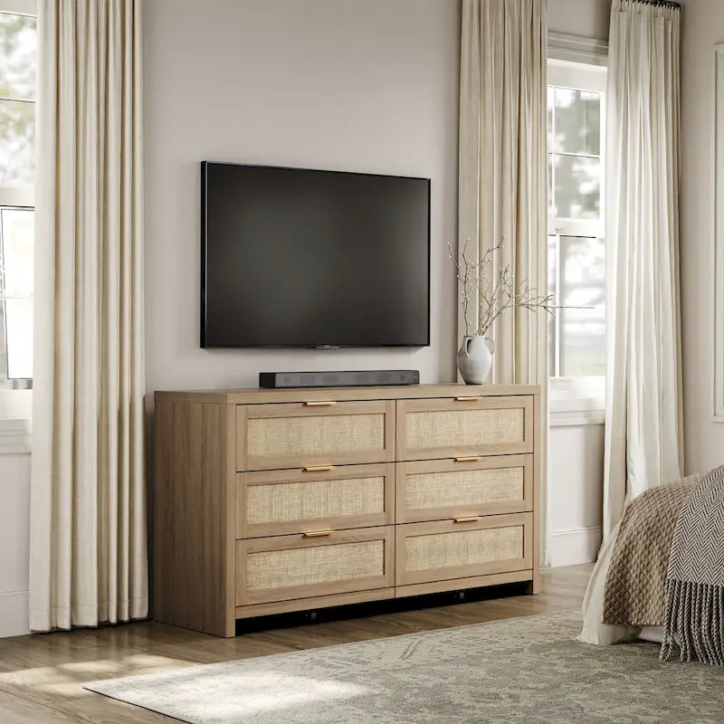 Commode d'angle élégante avec 6 tiroirs en rotin tressé
