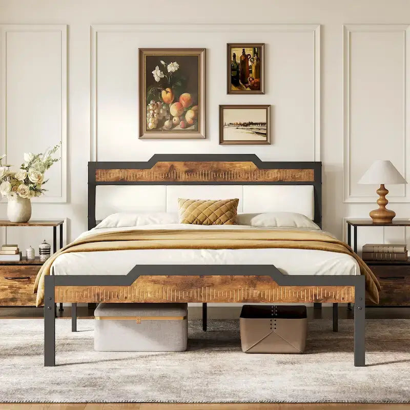 Cadre de lit Queen Size avec tête et pied de lit et rangement sous le lit, couleur marron