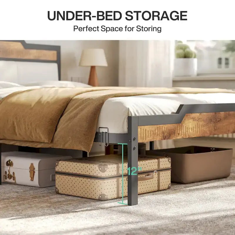 Cadre de lit Queen Size avec tête et pied de lit et rangement sous le lit, couleur marron