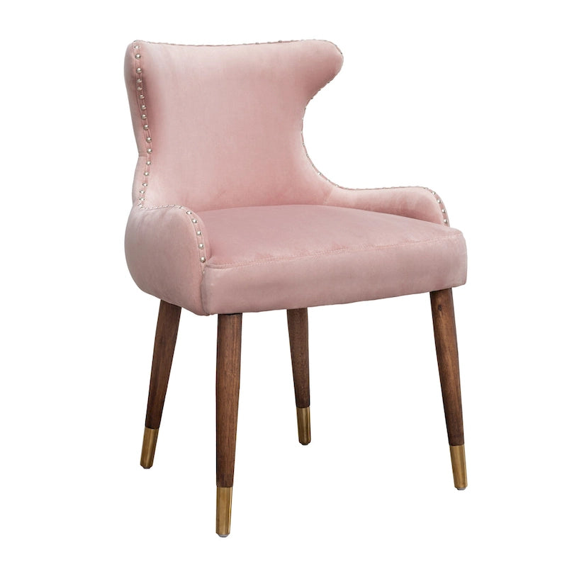Fauteuil d'appoint en velours rose avec clous décoratifs et pieds en bois d'hévéa