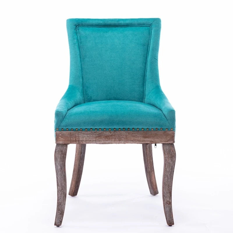 Chaise de salle à manger de style campagnard vintage français avec revêtement en lin et clous décoratifs