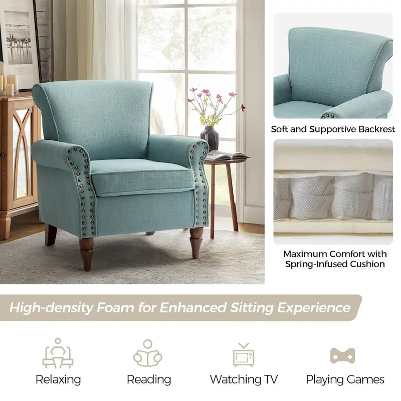 Fauteuil d'appoint rembourré confortable avec pieds tournés en bois et clous décoratifs