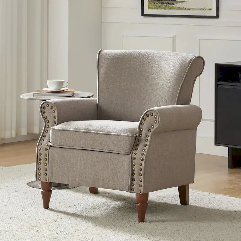 Fauteuil d'appoint rembourré confortable avec pieds tournés en bois et clous décoratifs