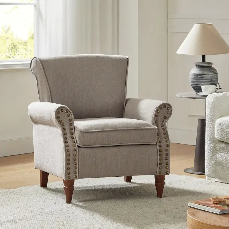 Fauteuil d'appoint rembourré confortable avec pieds tournés en bois et clous décoratifs