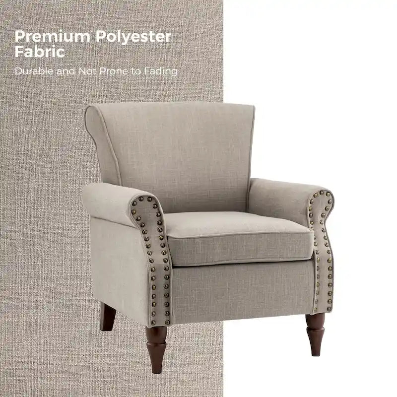 Fauteuil d'appoint rembourré confortable avec pieds tournés en bois et clous décoratifs