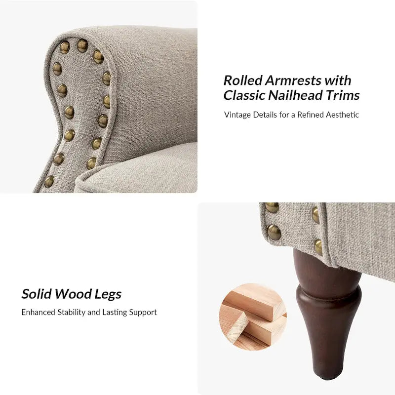Fauteuil d'appoint rembourré confortable avec pieds tournés en bois et clous décoratifs