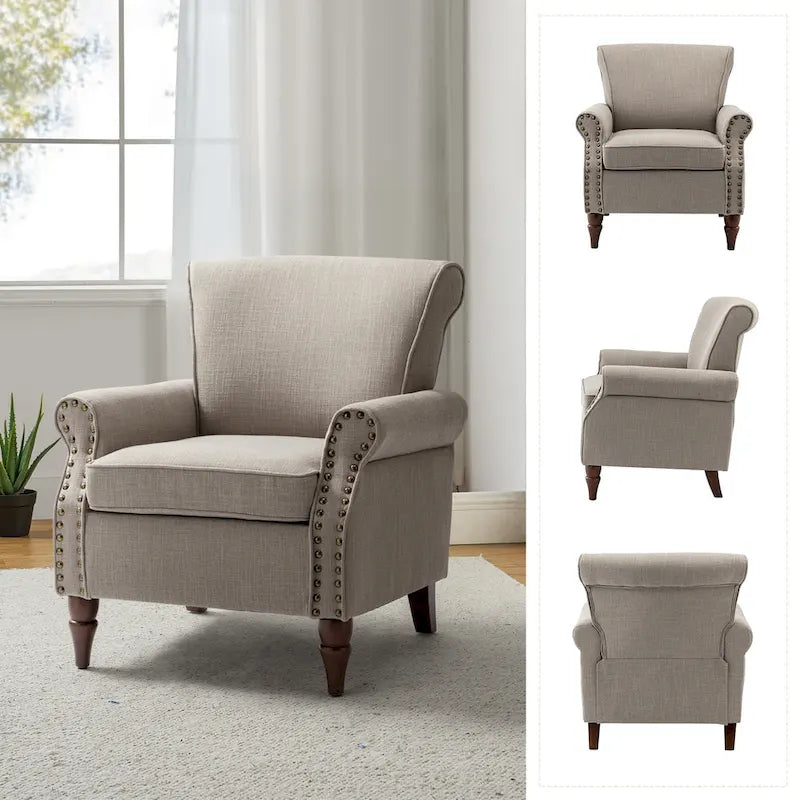 Fauteuil d'appoint rembourré confortable avec pieds tournés en bois et clous décoratifs