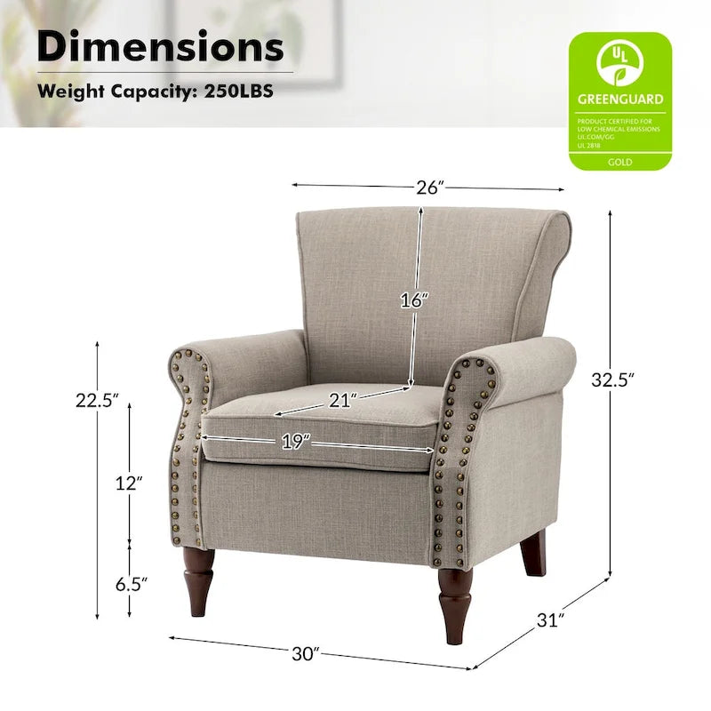 Fauteuil d'appoint rembourré confortable avec pieds tournés en bois et clous décoratifs
