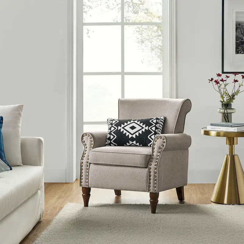 Fauteuil d'appoint rembourré confortable avec pieds tournés en bois et clous décoratifs