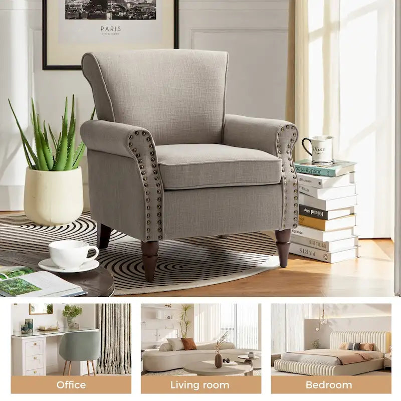 Fauteuil d'appoint rembourré confortable avec pieds tournés en bois et clous décoratifs