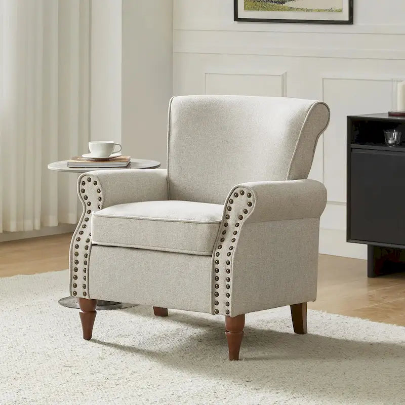 Fauteuil d'appoint rembourré confortable avec pieds tournés en bois et clous décoratifs