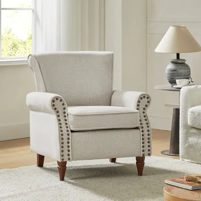 Fauteuil d'appoint rembourré confortable avec pieds tournés en bois et clous décoratifs