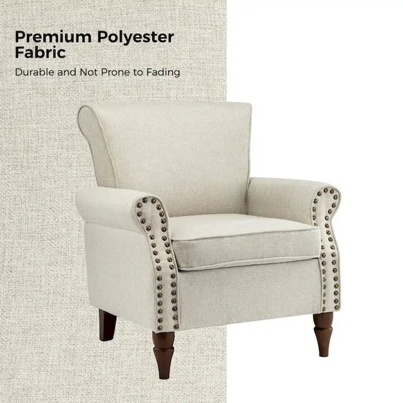 Fauteuil d'appoint rembourré confortable avec pieds tournés en bois et clous décoratifs
