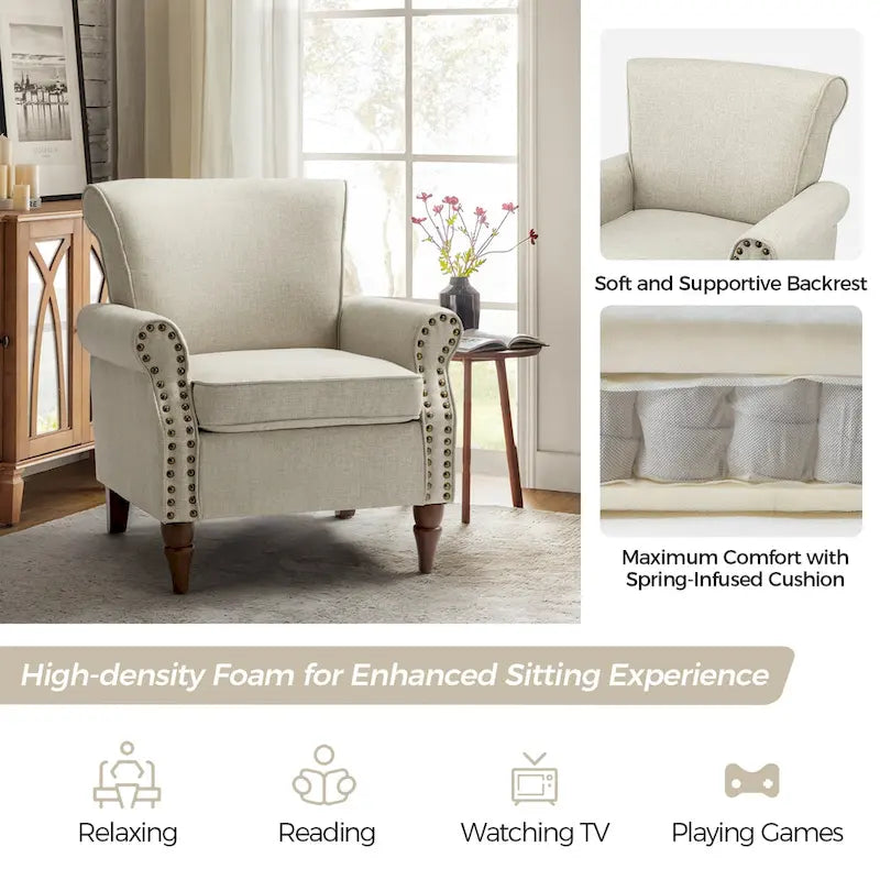 Fauteuil d'appoint rembourré confortable avec pieds tournés en bois et clous décoratifs