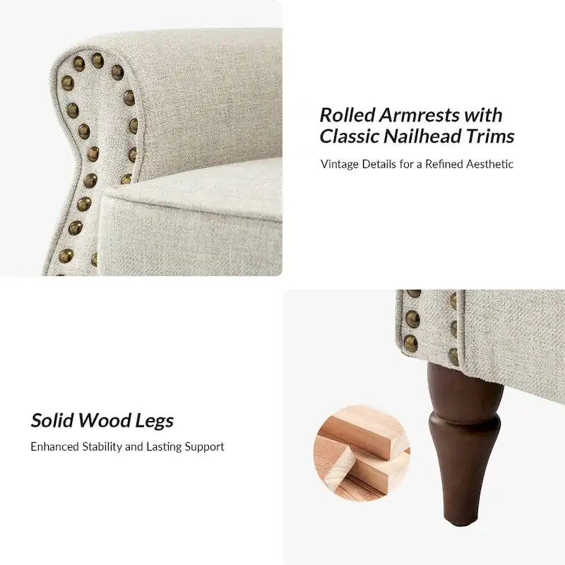 Fauteuil d'appoint rembourré confortable avec pieds tournés en bois et clous décoratifs