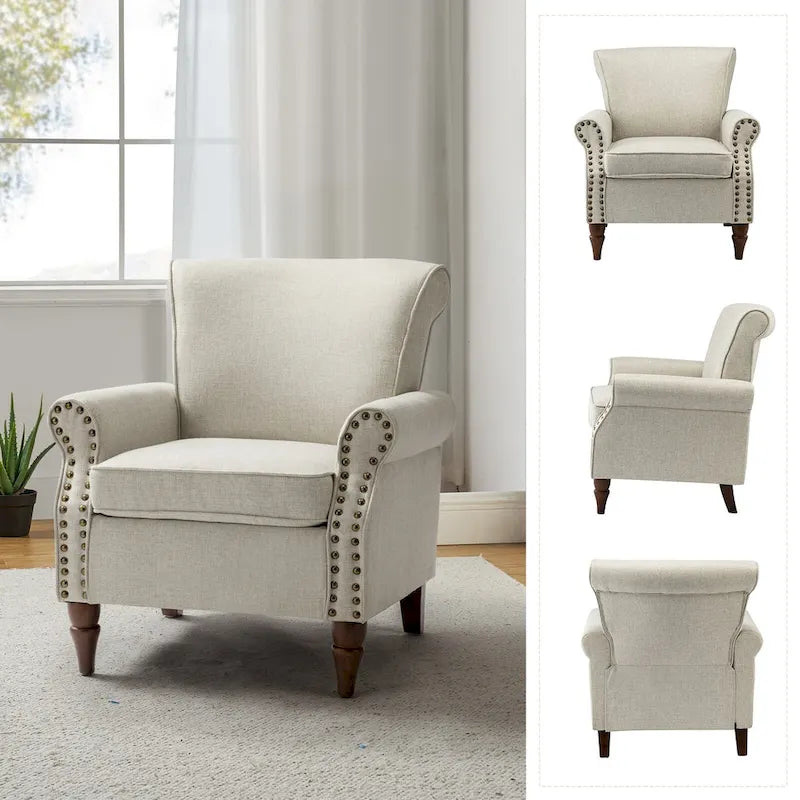 Fauteuil d'appoint rembourré confortable avec pieds tournés en bois et clous décoratifs