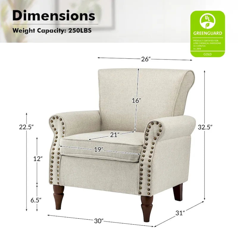 Fauteuil d'appoint rembourré confortable avec pieds tournés en bois et clous décoratifs