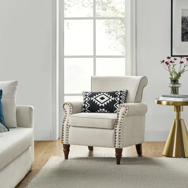 Fauteuil d'appoint rembourré confortable avec pieds tournés en bois et clous décoratifs