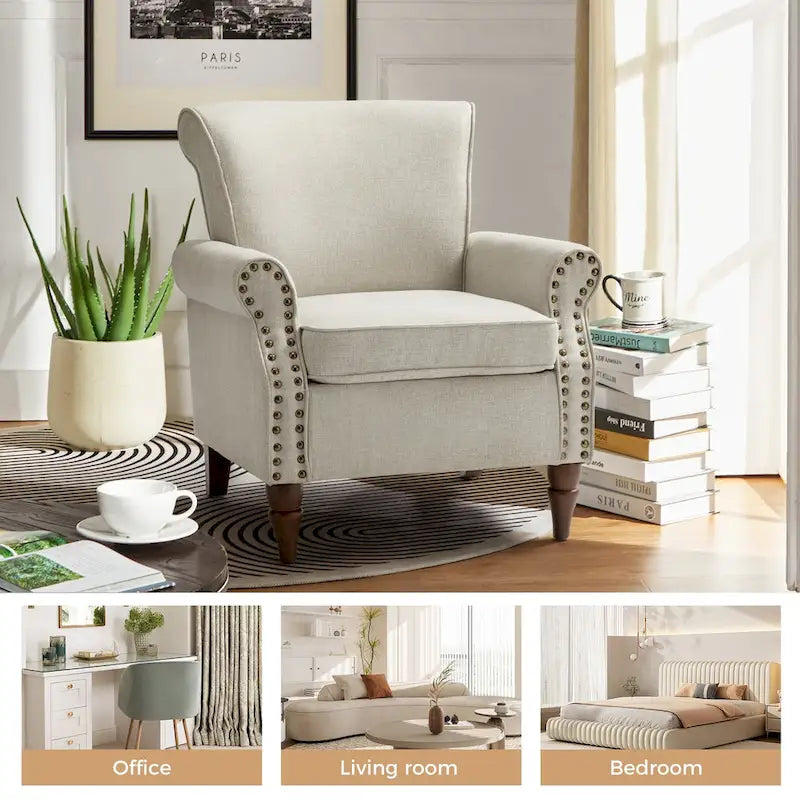 Fauteuil d'appoint rembourré confortable avec pieds tournés en bois et clous décoratifs