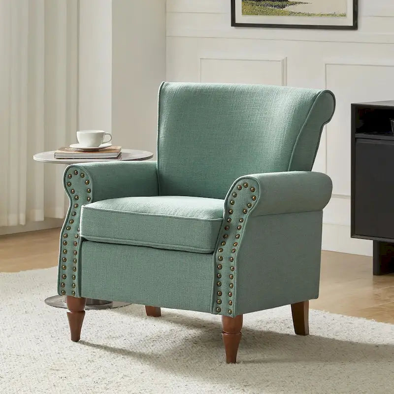 Fauteuil d'appoint rembourré confortable avec pieds tournés en bois et clous décoratifs
