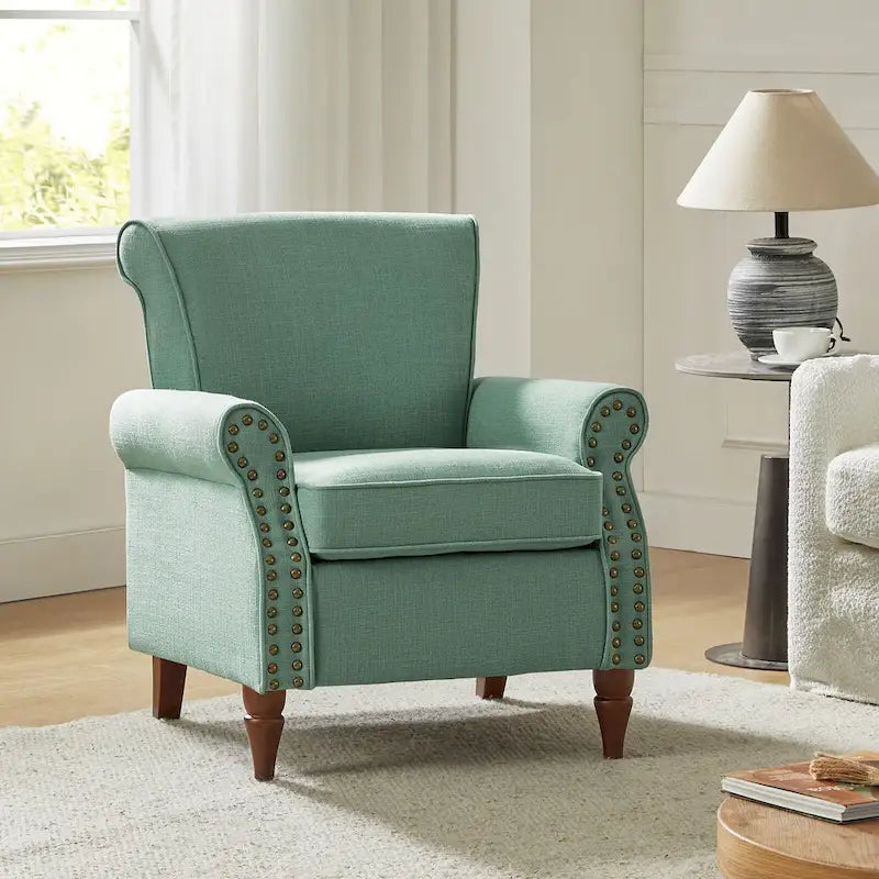Fauteuil d'appoint rembourré confortable avec pieds tournés en bois et clous décoratifs