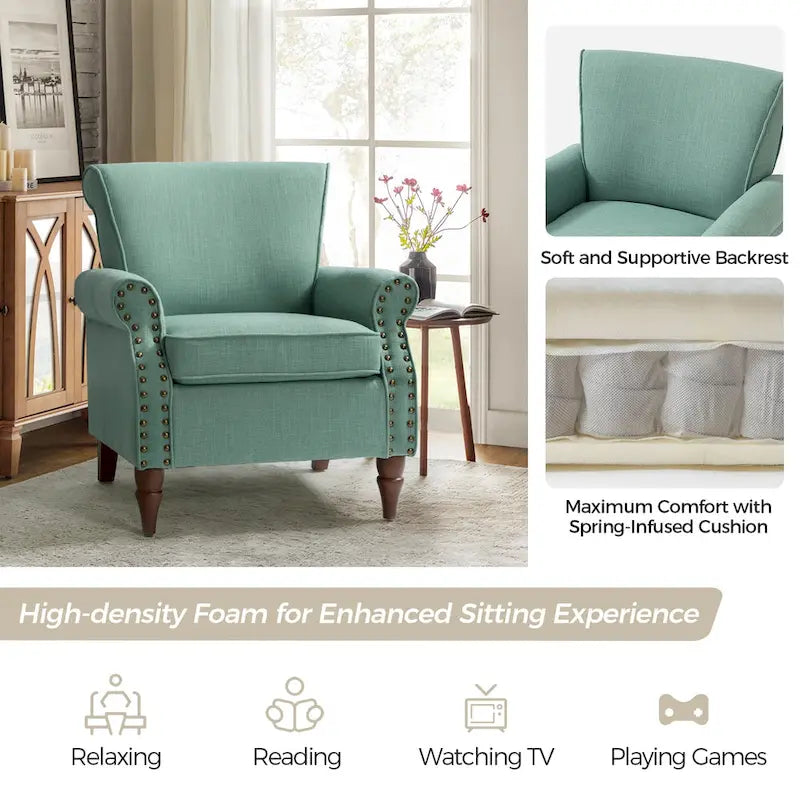 Fauteuil d'appoint rembourré confortable avec pieds tournés en bois et clous décoratifs