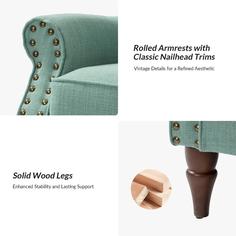 Fauteuil d'appoint rembourré confortable avec pieds tournés en bois et clous décoratifs