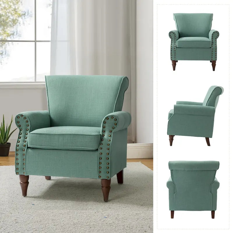 Fauteuil d'appoint rembourré confortable avec pieds tournés en bois et clous décoratifs