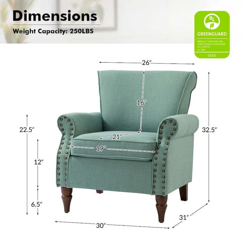 Fauteuil d'appoint rembourré confortable avec pieds tournés en bois et clous décoratifs