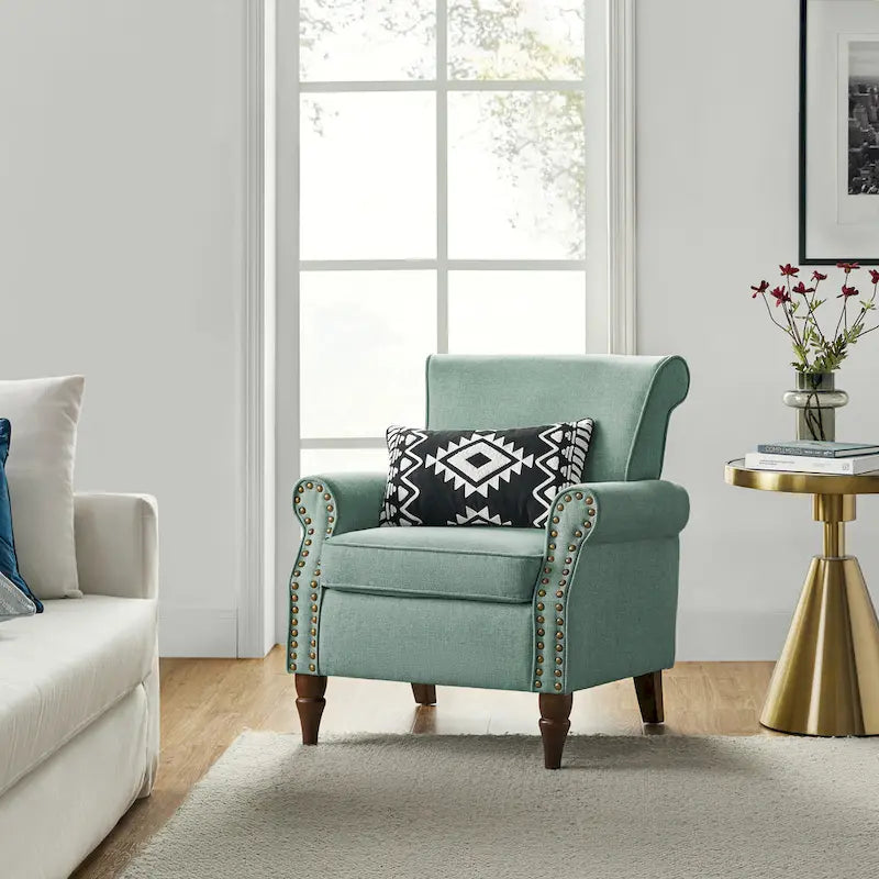 Fauteuil d'appoint rembourré confortable avec pieds tournés en bois et clous décoratifs
