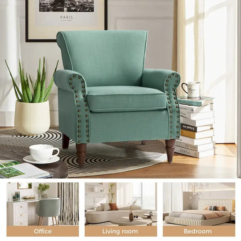Fauteuil d'appoint rembourré confortable avec pieds tournés en bois et clous décoratifs