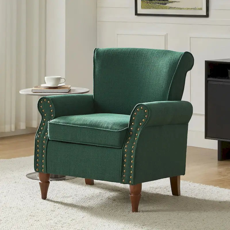 Fauteuil d'appoint rembourré confortable avec pieds tournés en bois et clous décoratifs