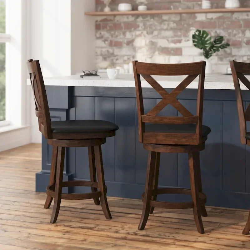 Tabouret de comptoir pivotant en bois avec dossier à barreaux et siège rembourré