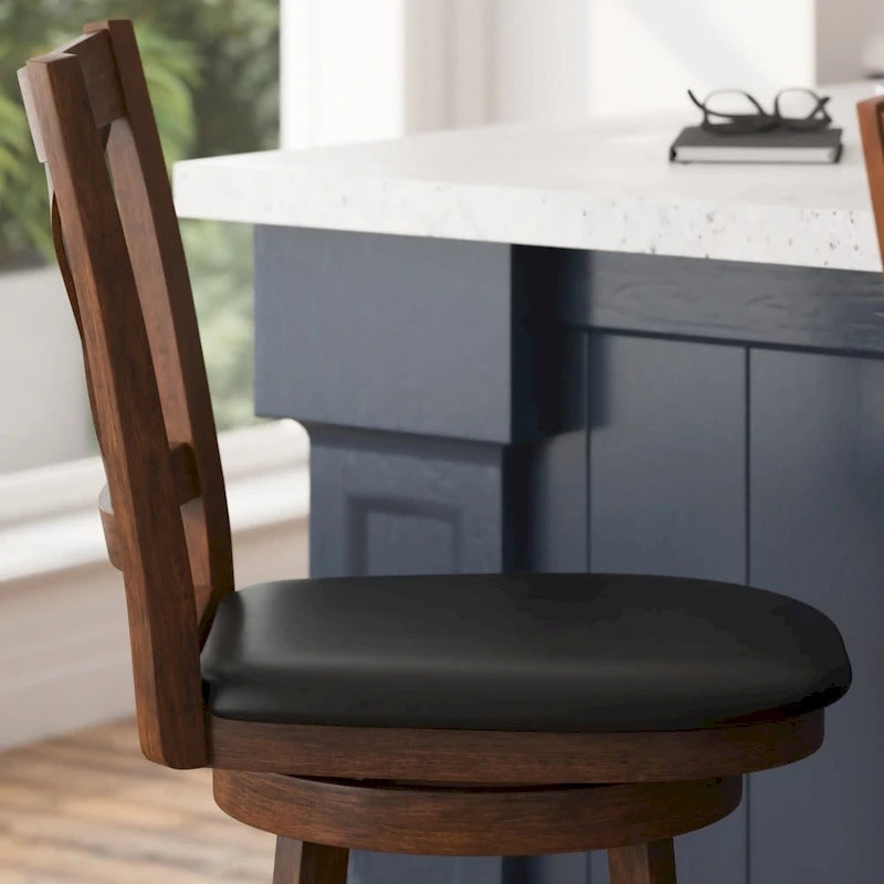 Tabouret de comptoir pivotant en bois avec dossier à barreaux et siège rembourré