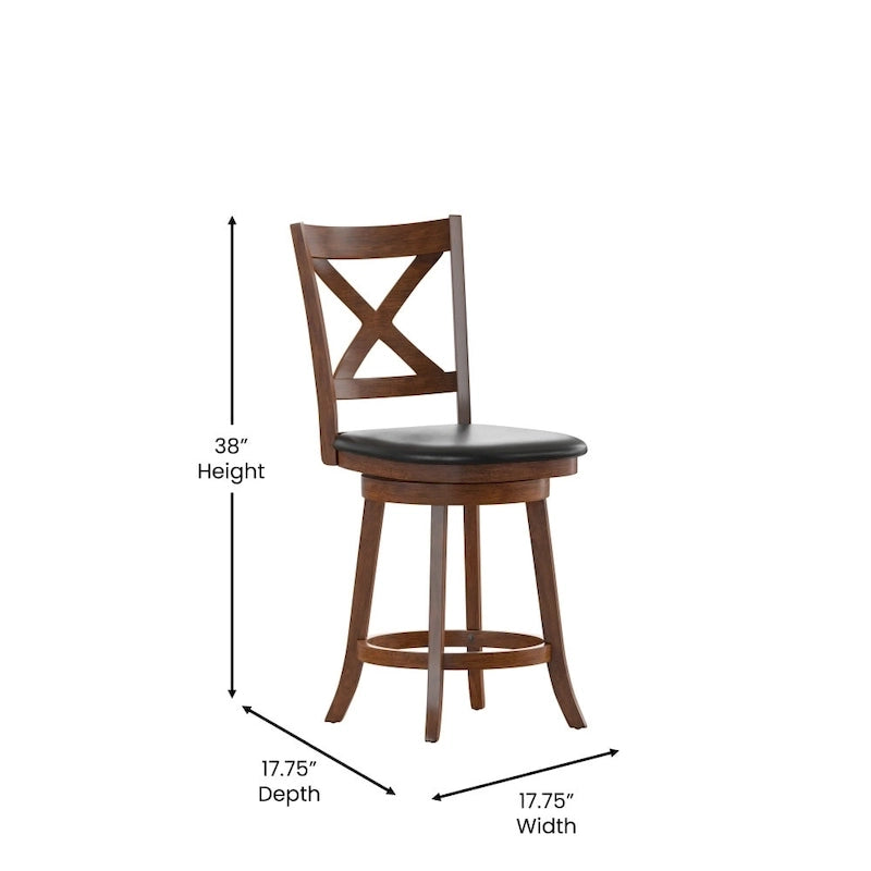 Tabouret de comptoir pivotant en bois avec dossier à barreaux et siège rembourré