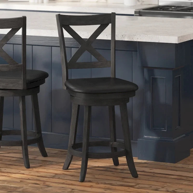 Tabouret de comptoir pivotant en bois avec dossier à barreaux et siège rembourré