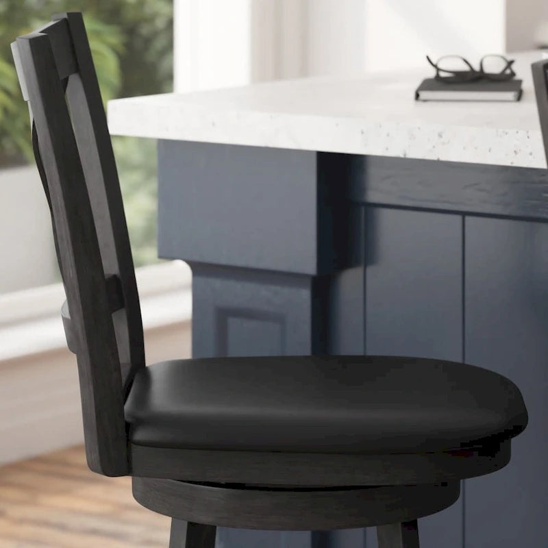 Tabouret de comptoir pivotant en bois avec dossier à barreaux et siège rembourré