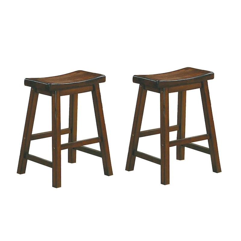 Wooden 24 Counter Height Stool with Saddle Seat, Distressed Cherry, Set Of 2