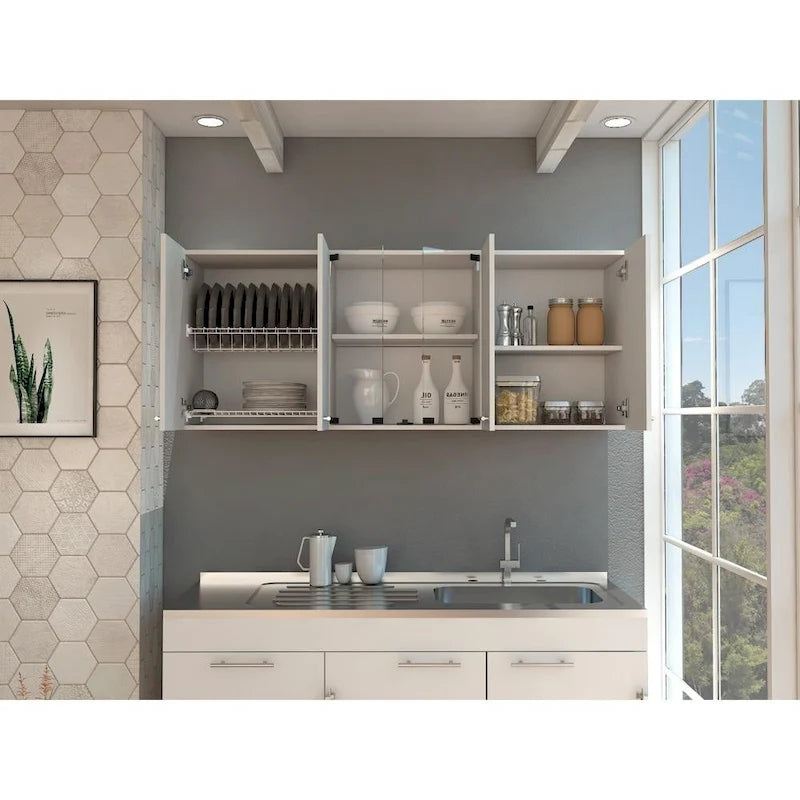 Meuble Haut avec Portes Vitrées, Égouttoir et Porte-tasses