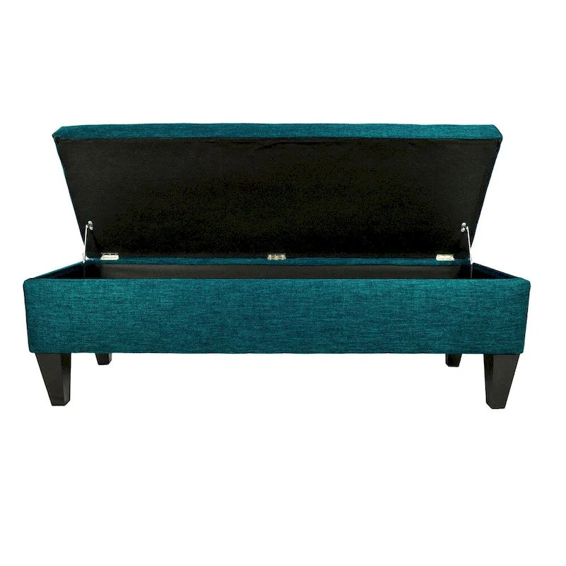Banc de rangement long capitonné en tissu/bois de couleur unie